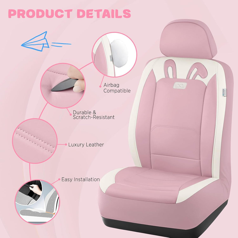 PIC AUTO Car Seat Covers, Cute Rabbit Premium Pink Leather Seat Covers, Unive...