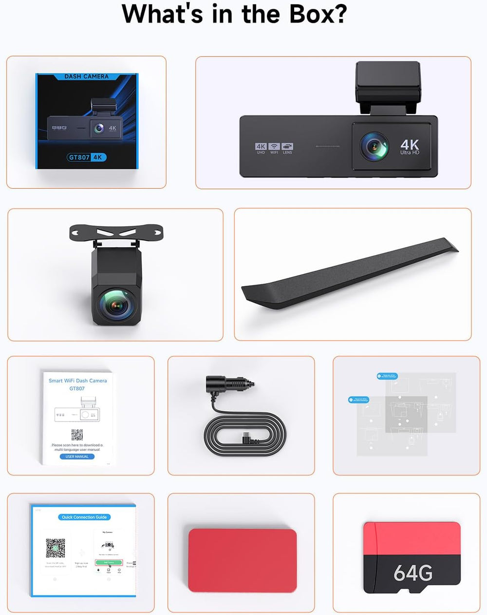 4K+2.5K+1080P 3 Channel Dash Cam Front, Rear, Inside, 64GB SD Card Included