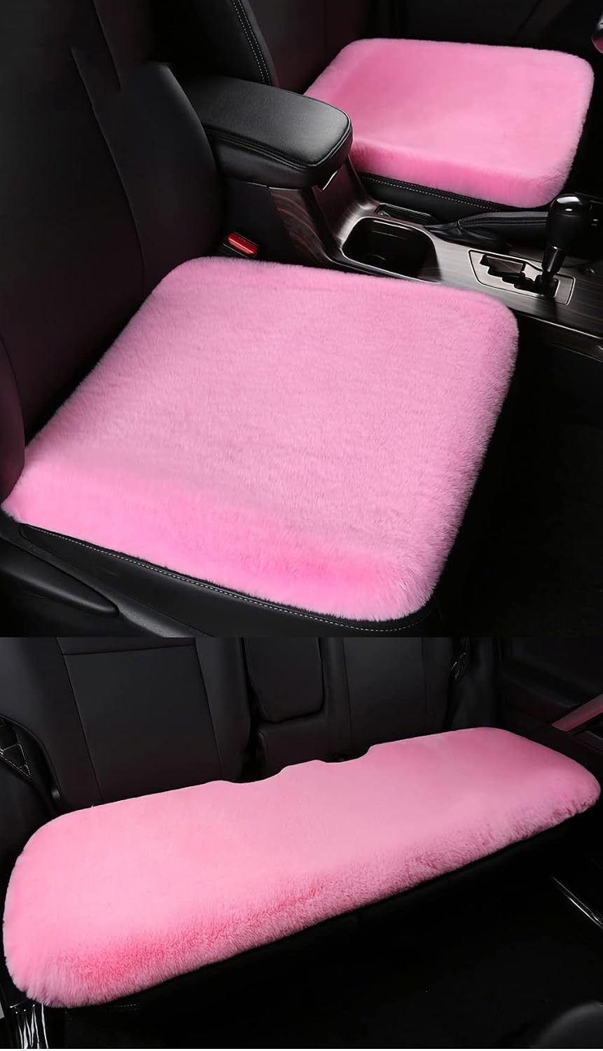 3Pcs Car Seat Covers Fluffy Wool Car Interior Front & Back Seat Cover,Pink