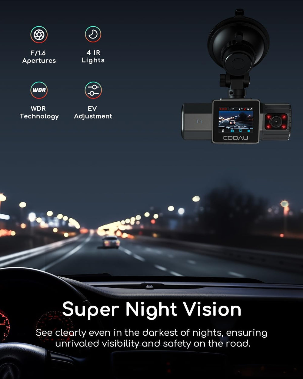 COOAU 4K Dual Dash Cam, Built-in GPS WiFi, 2.5K+1080P Dash Cam Front Inside