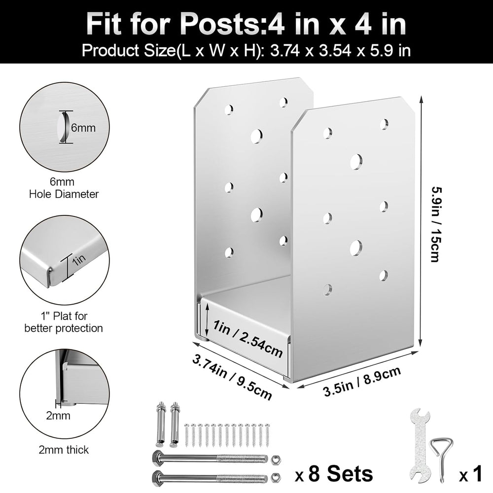 4"x4" Adjustable Post Base, 8Pcs Stainless Steel Post Anchor Bracket