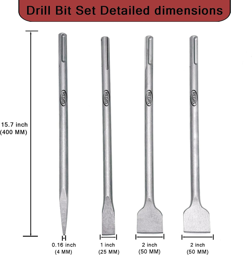 4 pcs SDS MAX 15.7 inch Chisel Set, Masonry Concrete Drill Bit Set, Tile Remo...