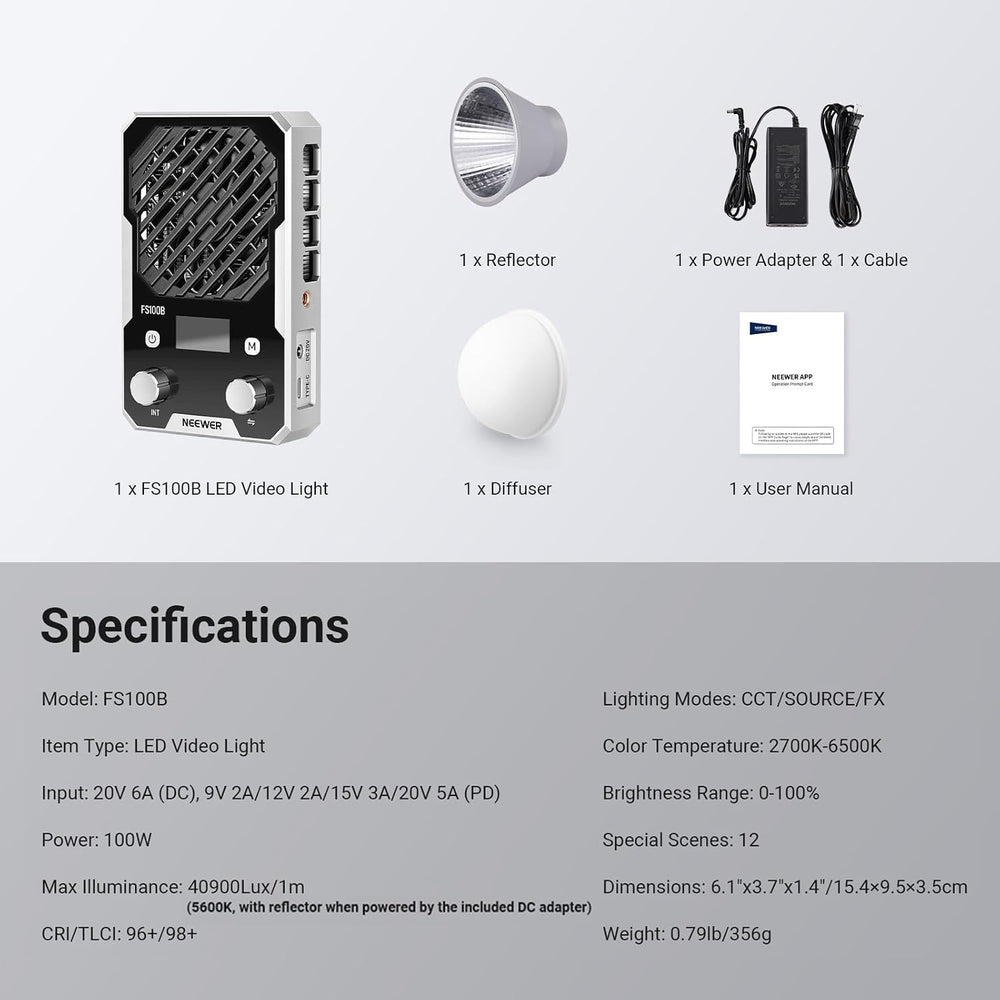NEEWER 100W Ultra Compact LED Video Light with APP/Panel Control, FS100B