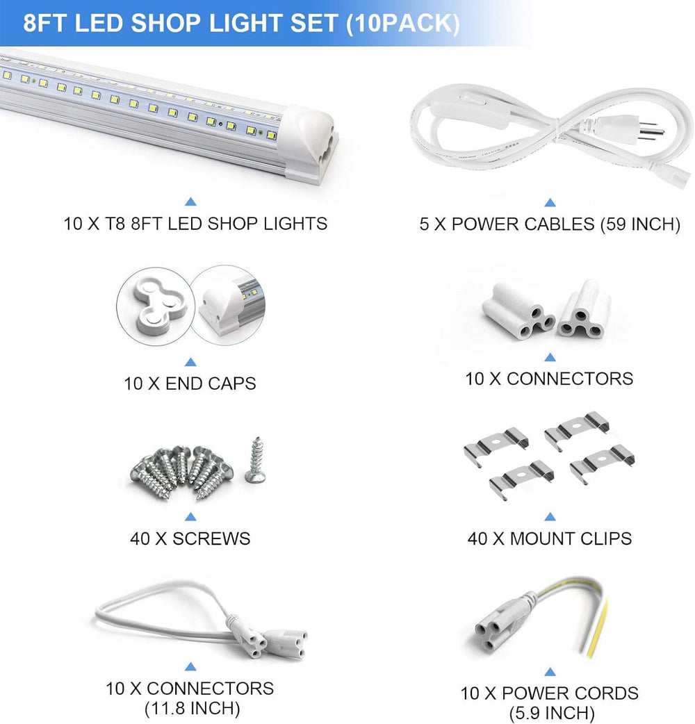 10-Pack 8ft LED Shop Light Fixture - 90W T8 Integrated LED Tube Light - 6500K...