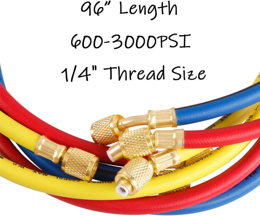 Refrigerant Charging Hose, 96" Length 600-3000PSI 1/4" Thread, 3PCS