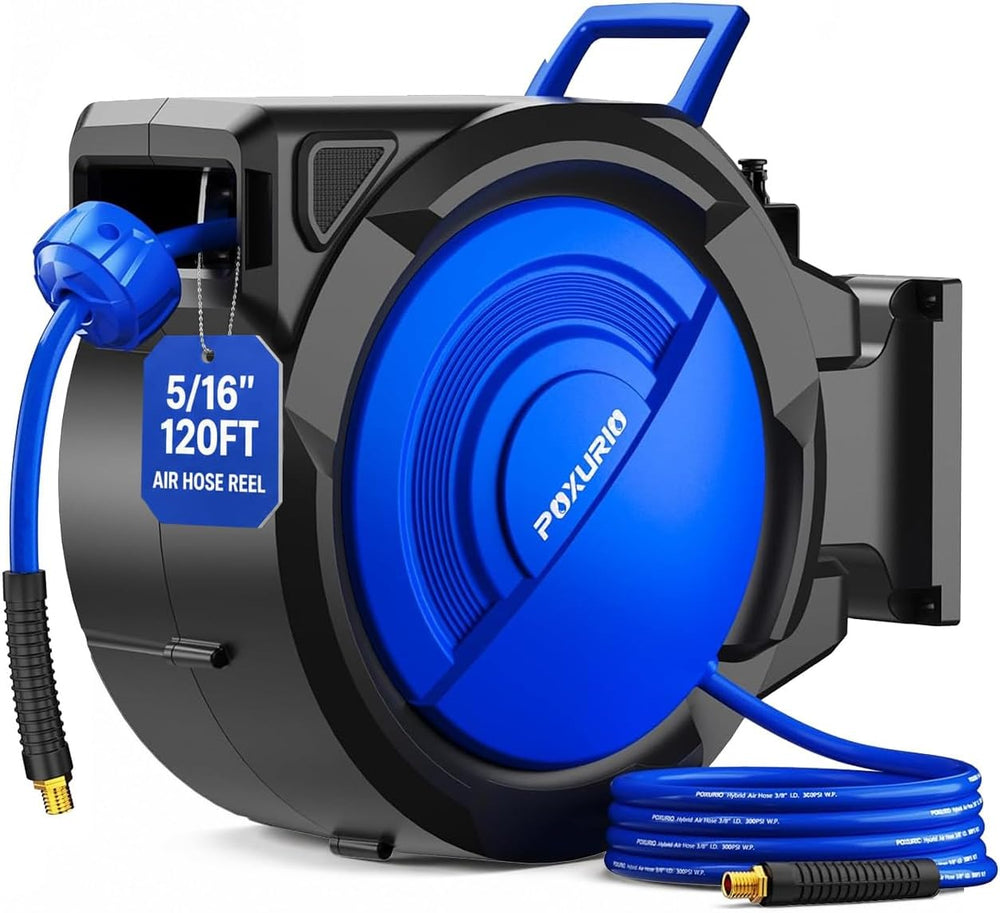 120FT+6.5FT Retractable Air Hose Reel, 5/16" Hybrid Air Hose, Air Compre...