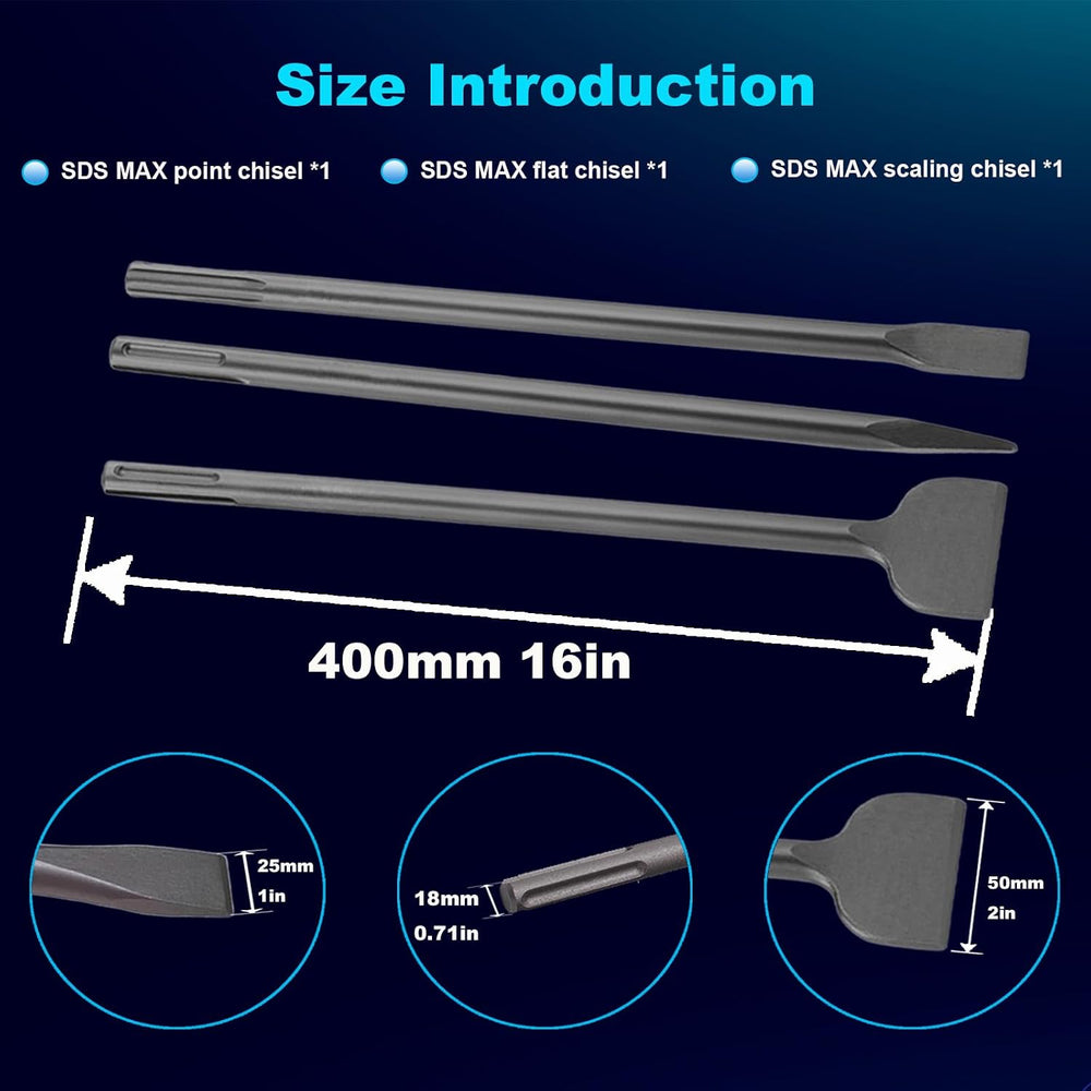 16-Inch SDS Max Chisel Set, Flat Chisel 1" (25MM) Width, Point Chisel, S...