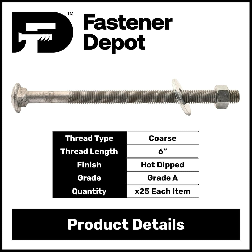 1/2" x 8" (25 Pack) Galvanized Carriage Bolt Kit Grade 307A Include...
