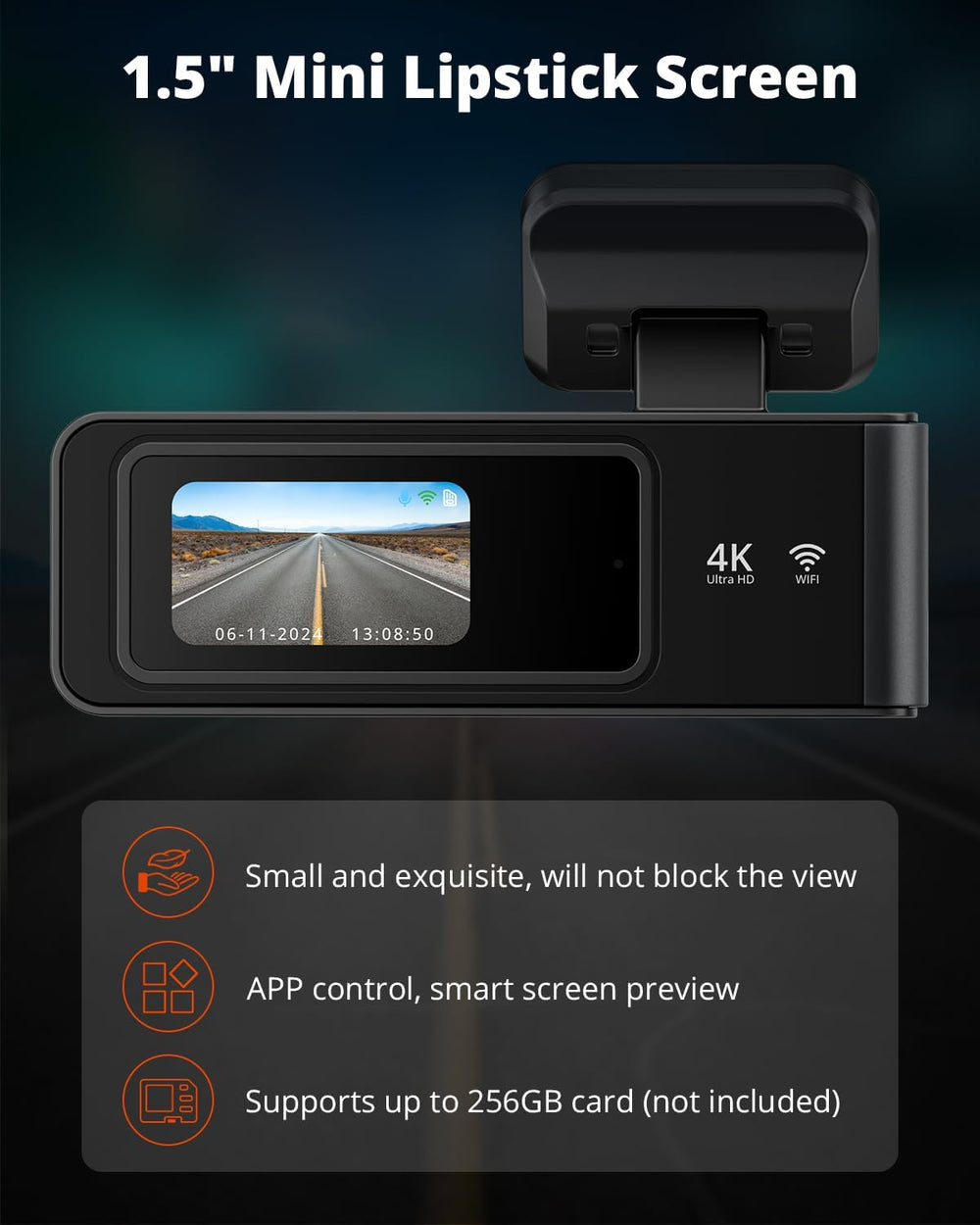 Kingslim E4 4K Dash Cam Front and Rear, WiFi Front 4K Rear 1080P Dual Dash Ca...