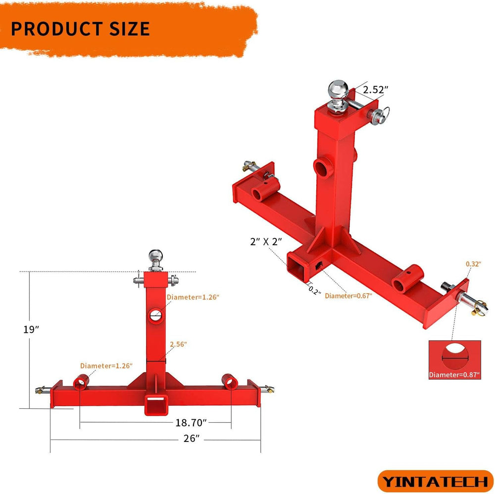 YINTATECH 3 Point Trailer Hitch with 2" Receivers for Tractor Category 1