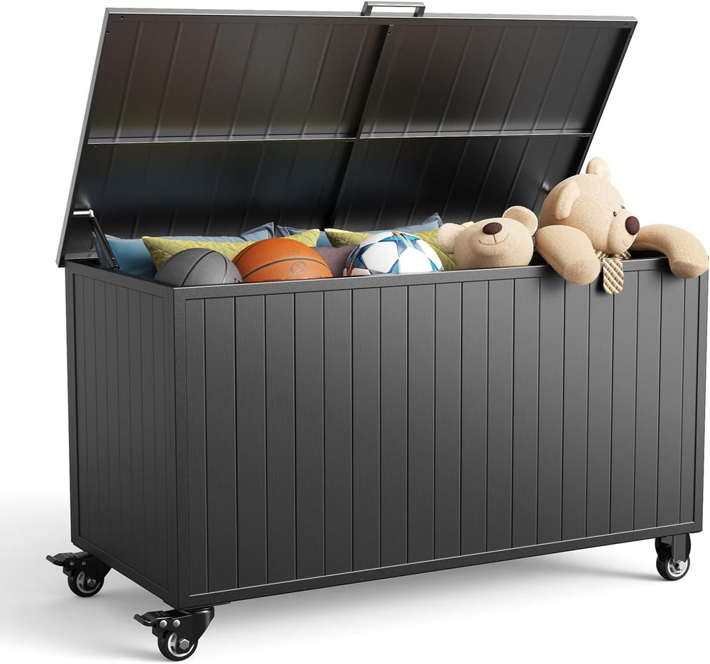 150 Gallon Outdoor Storage Box with Wheels, Metal Deck Boxes,Black