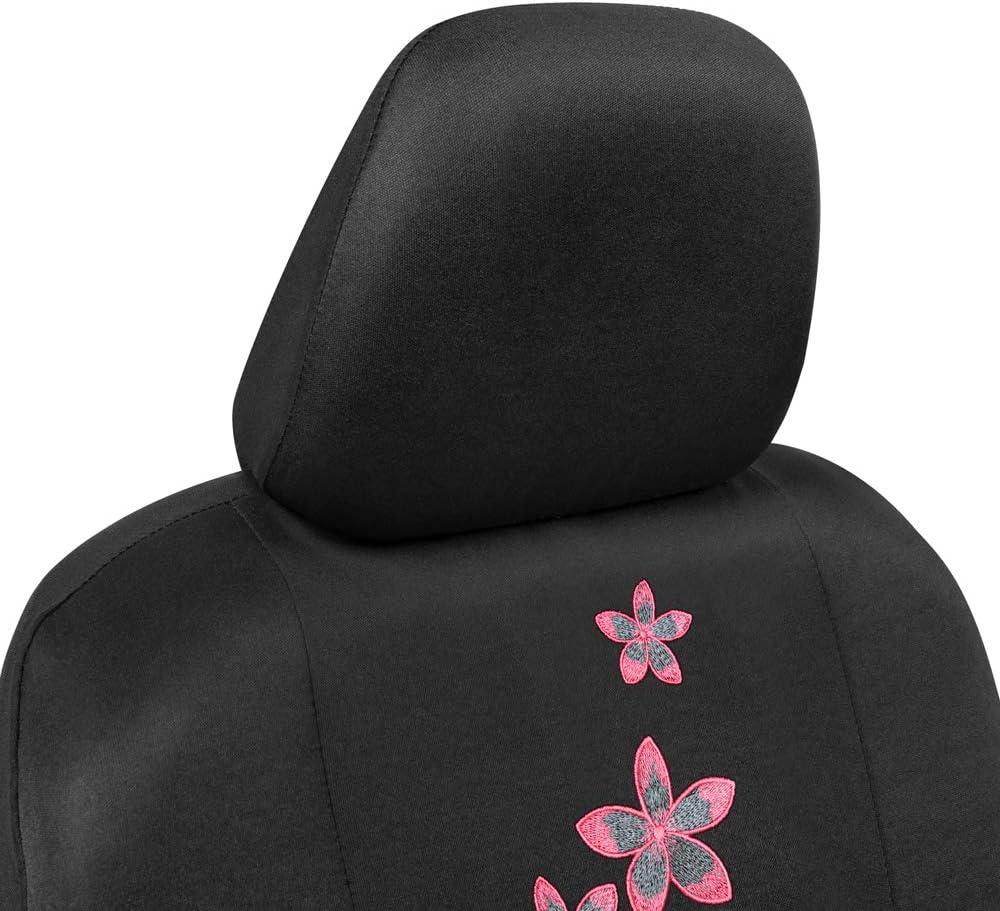 BDK Pink Floral Flower Print Car Seat Covers, Full Set with Steering Wheel Co...