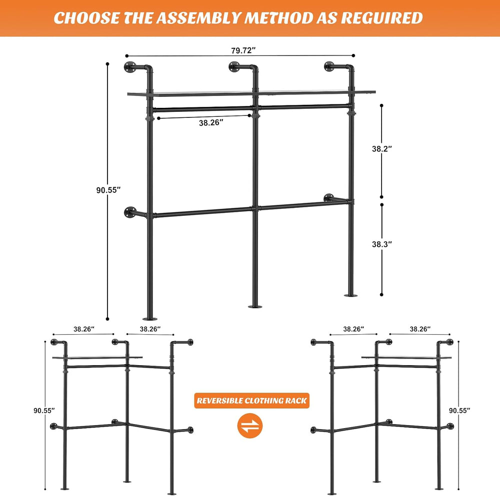 Aheaplus Industrial Pipe Clothing Rack, 79.7'' Closet System with LED...
