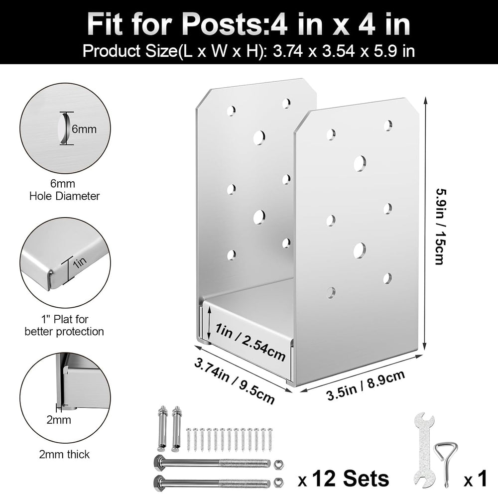 4"x4" Adjustable Post Base, 12Pcs Stainless Steel Post Anchor Bracket
