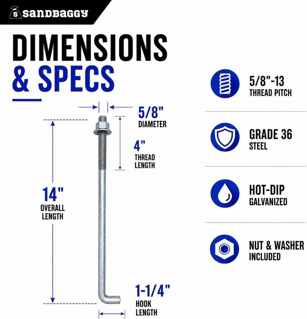 Sandbaggy 5/8" x 14" Threaded Concrete Anchor L-Bolts (Nuts & W...