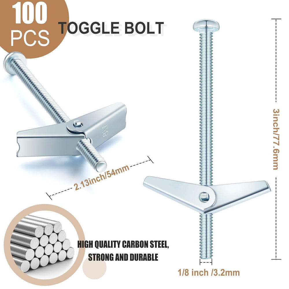 Yaocom 100 Pcs 1/8" X 3" Toggle Bolts and Wing Nut Wall Anchor for ...