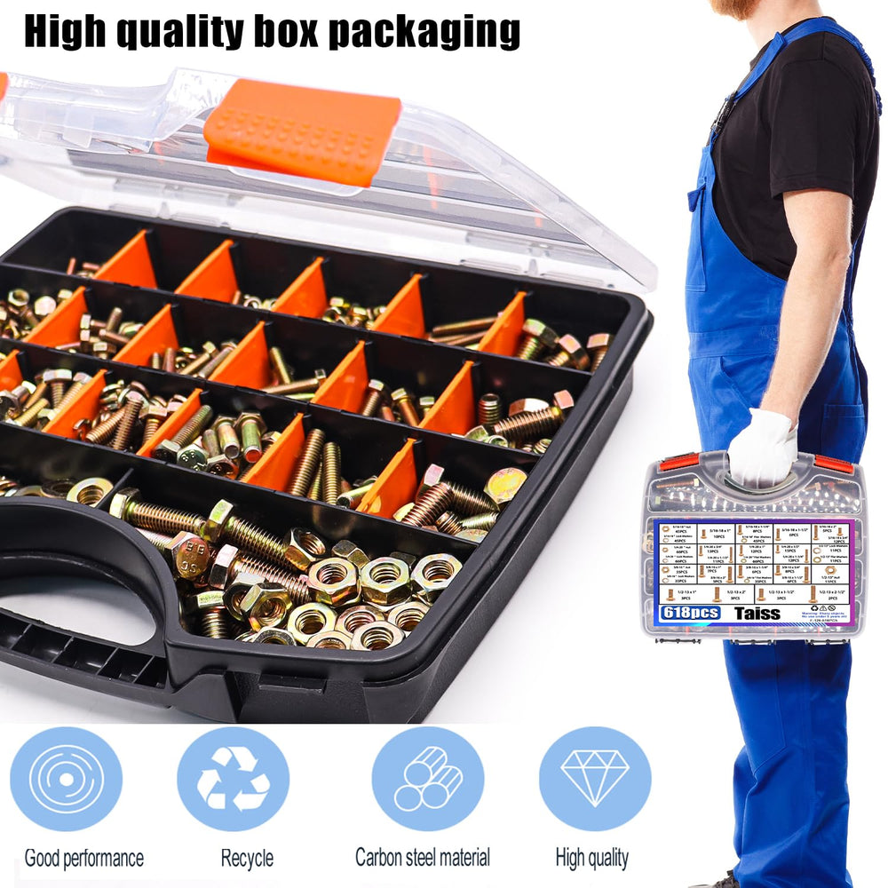 Taiss Grade 8.8 Bolts and Nuts Assortment Kit,1/4-20,5/16-18,3/8-16,1/2-13 He...