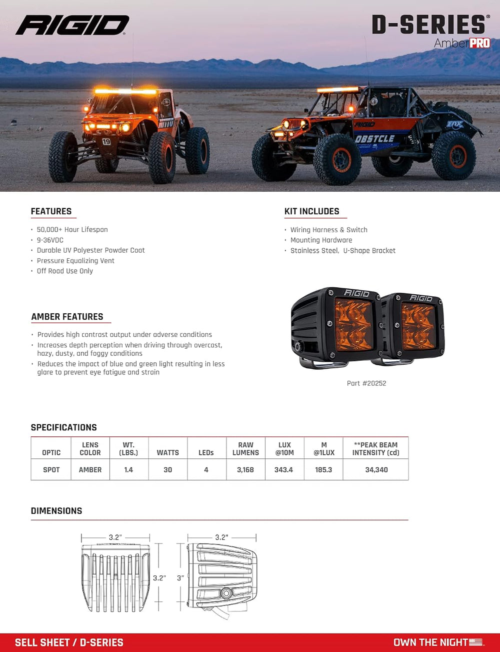 RIGID INDUSTRIES D-Series Amber PRO LED Light Pods Spot, Pair