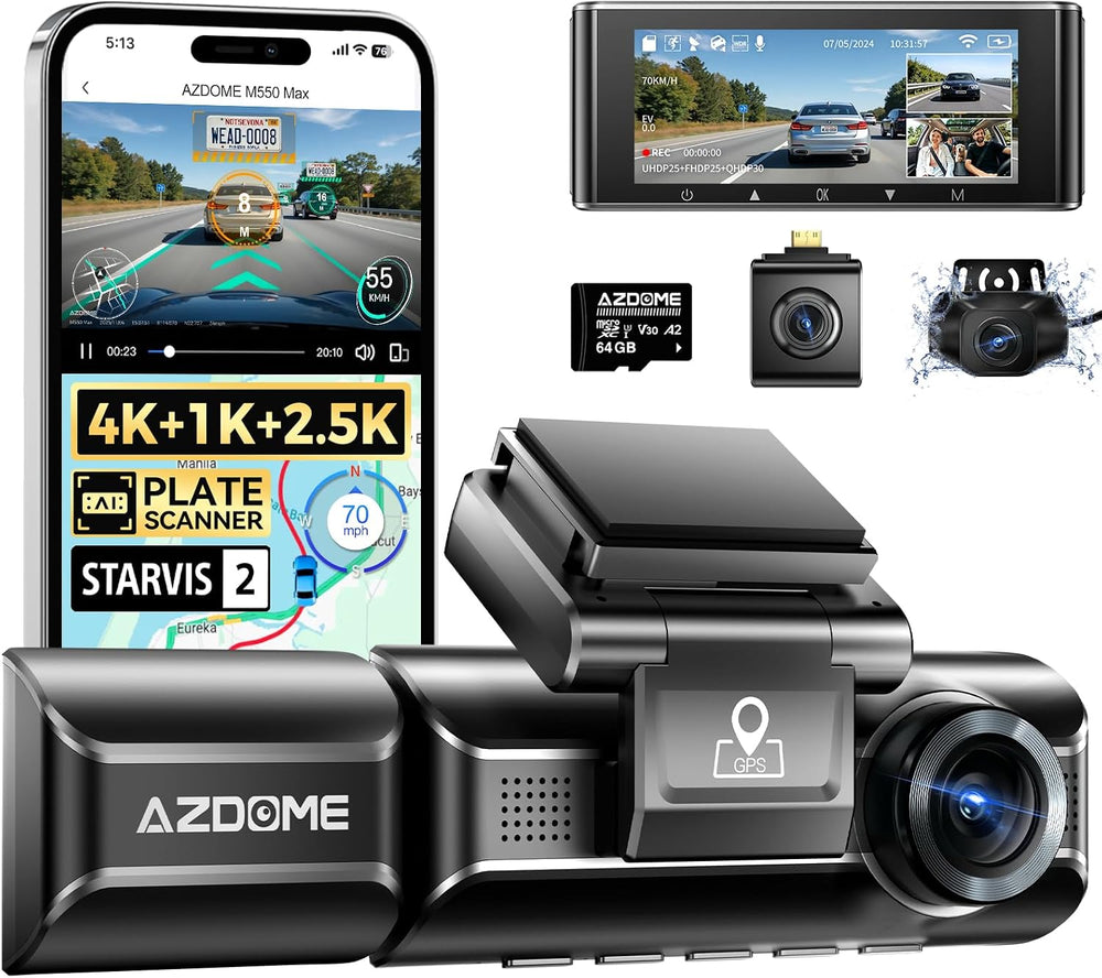 AZDOME M550 Max 4K 3 Channel Dash Cam Front and Rear Inside, Dual STARVIS 2