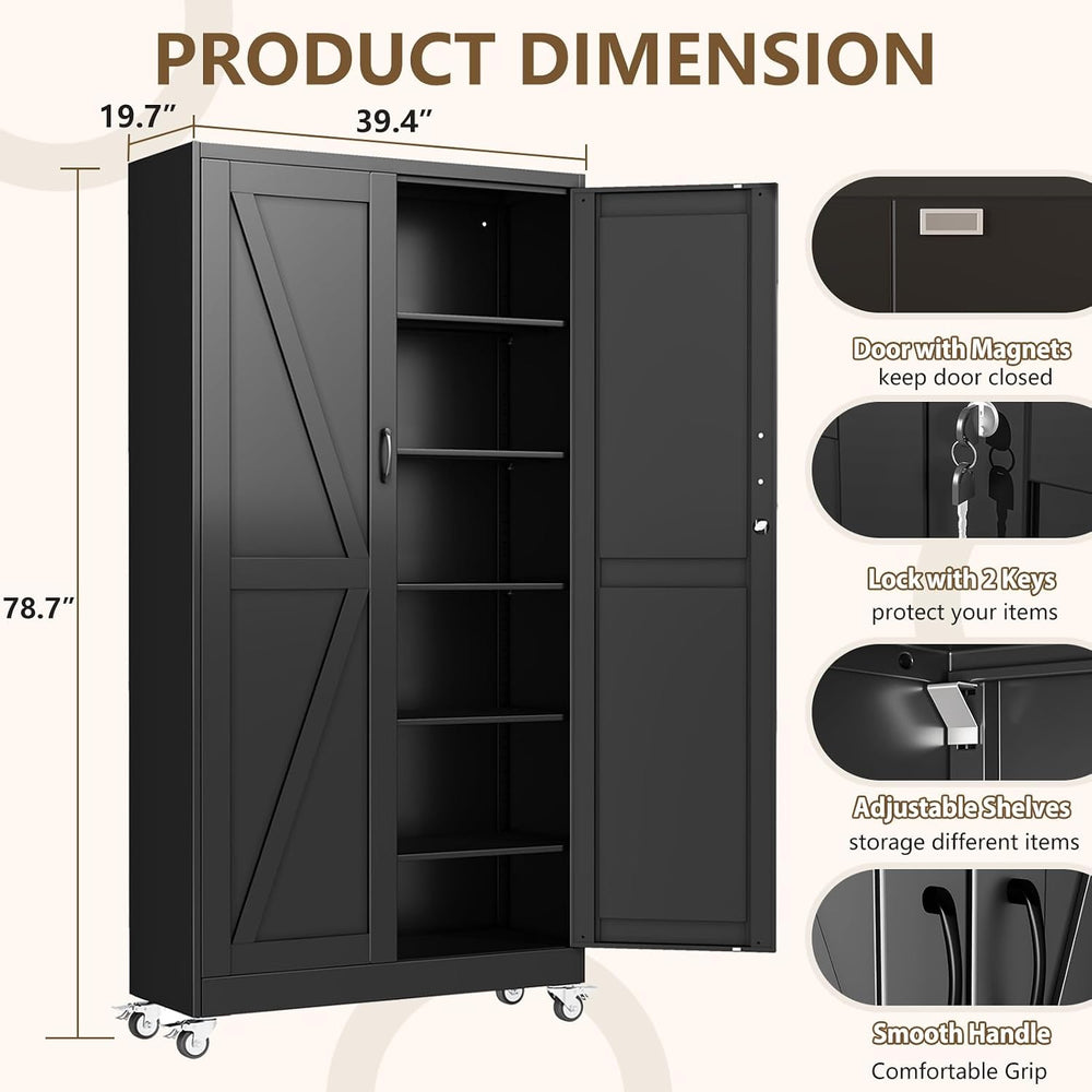 Metal Garage Storage Cabinet, 79”Tall Rolling Utility Cabinet Black