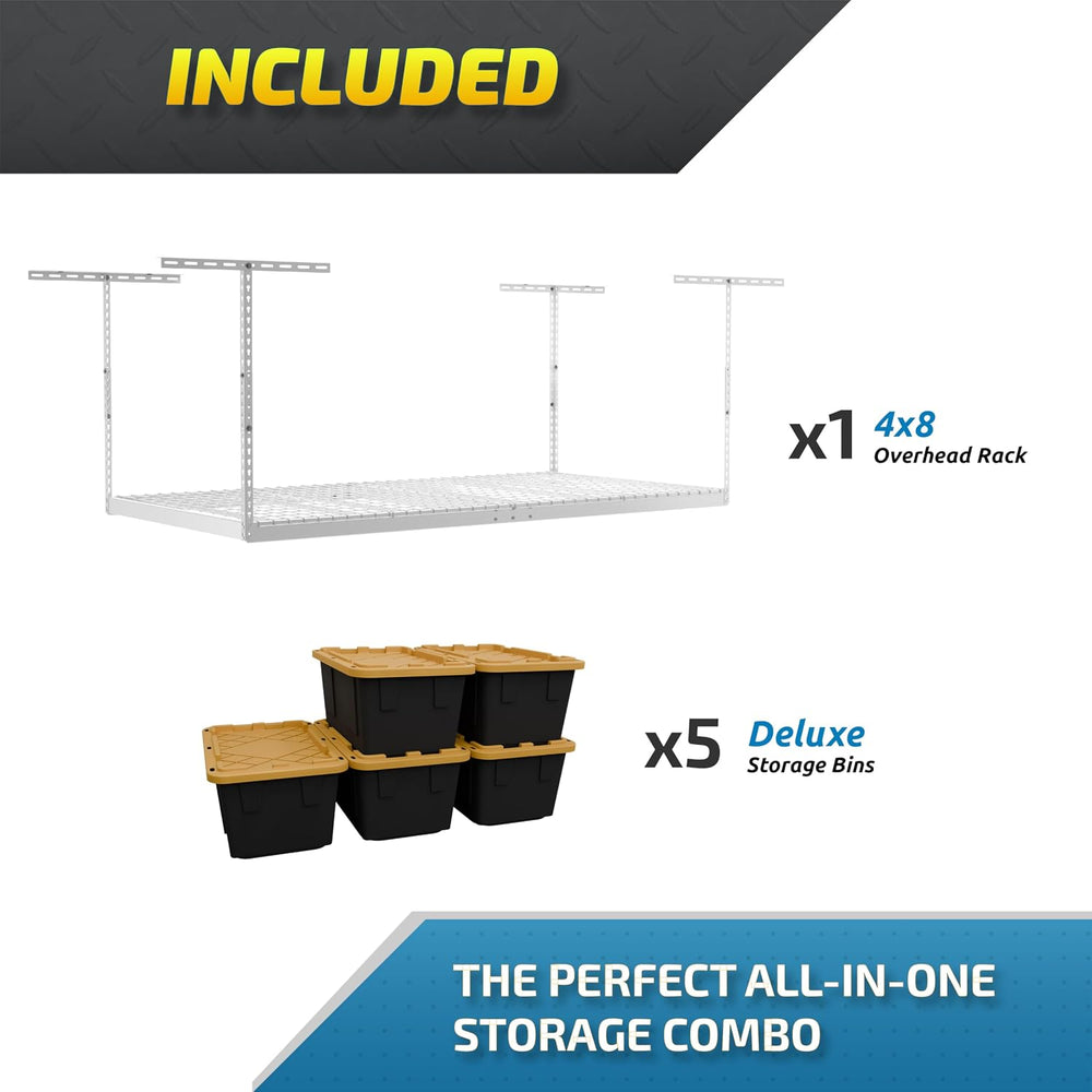 MonsterRAX 4x8 Overhead Garage Storage Rack and Bins, White, 12"-21"