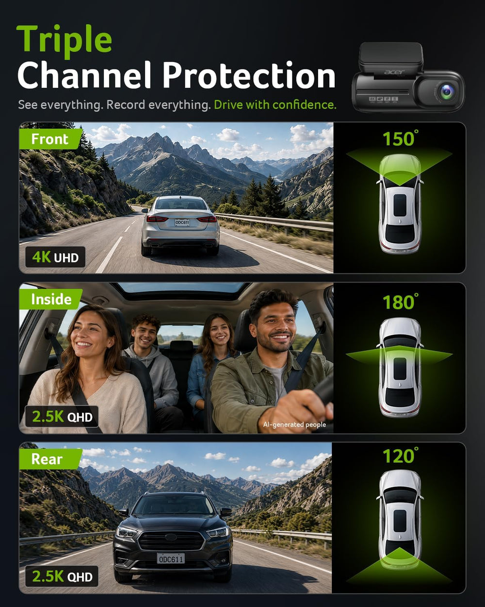 Acer Gadget 4K 3 Channel Dash Cam Front and Rear Inside 64GB Card Include