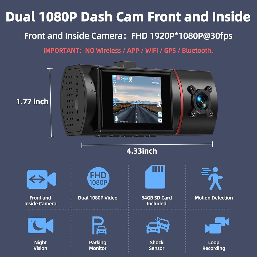 Dual Dash Cam Front and Inside with 64GB Card,1080P Dash Camera for Cars