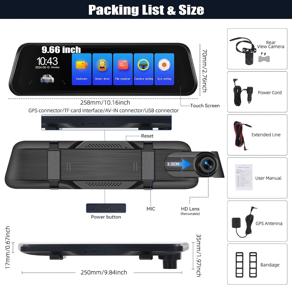CAMECHO 9.66" 4K Mirror Dash Cam with ADAS, BSD and LCA, Rear View Mirro...