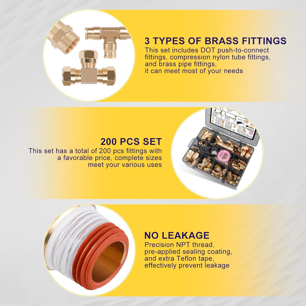200 Pcs Brass DOT Air Brake Line & Compression Fittings Kit