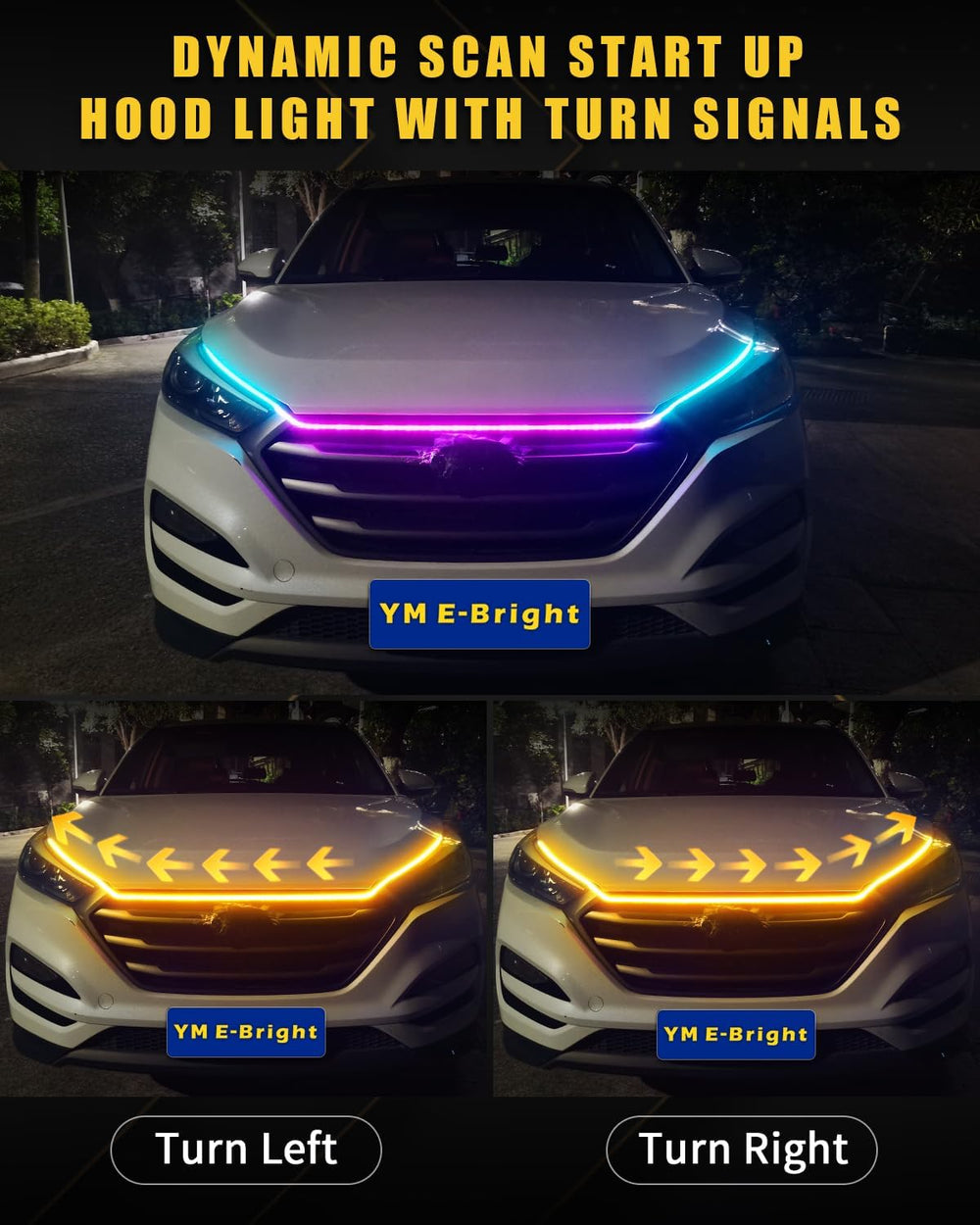 YM E-Bright LED Hood Light Strip, 70in RGB App Control Dynamic Scan DRL 12V