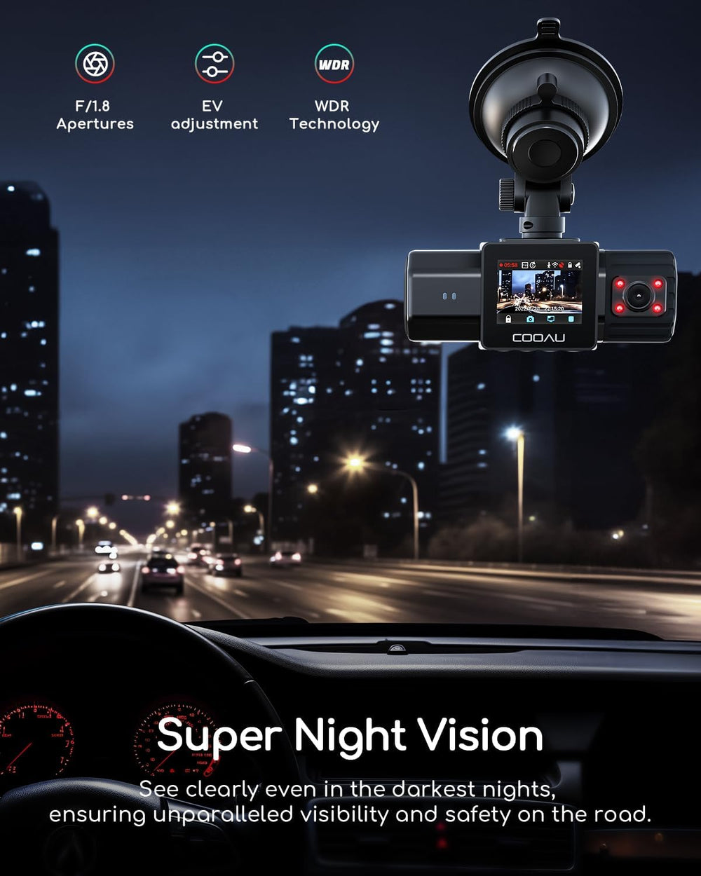 COOAU Dual Dash Cam 2.5K+1080P, Dash Cam Front and Inside, Built-in GPS and W...
