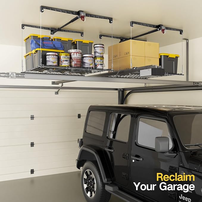 Overhead Garage Storage Rack, 4x4 Ft Adjustable Garage Ceiling Storage Lift