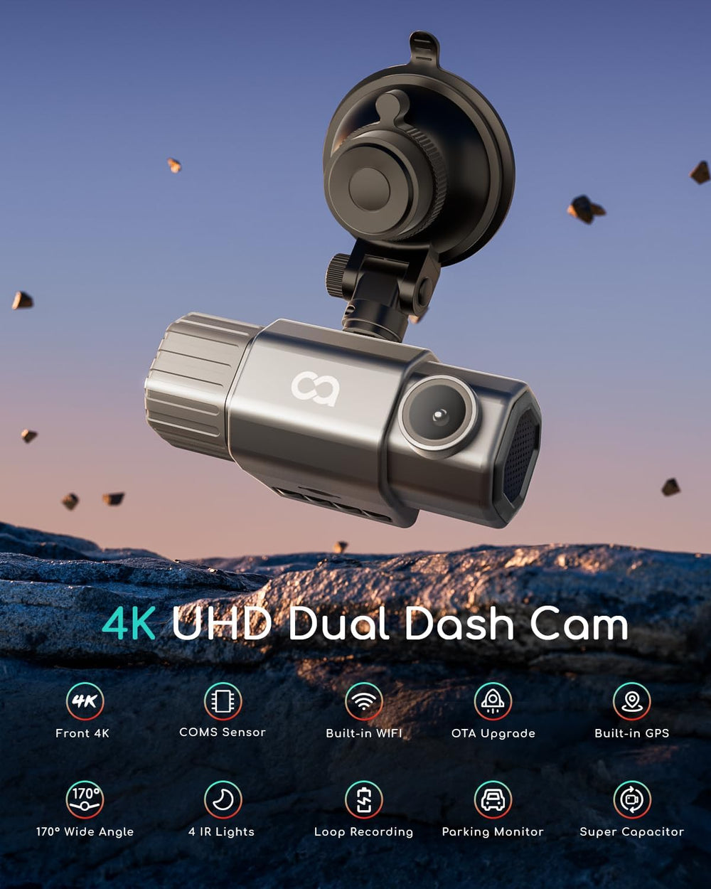 COOAU 4K Dual Dash Cam, Built-in GPS WiFi, 2.5K+1080P Dash Cam Front Inside