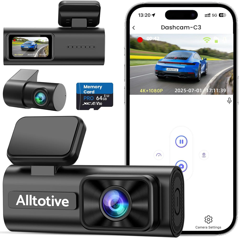 Dash Cam Front and Rear 4K+1080P, Dual Dashcam with 64GB Card