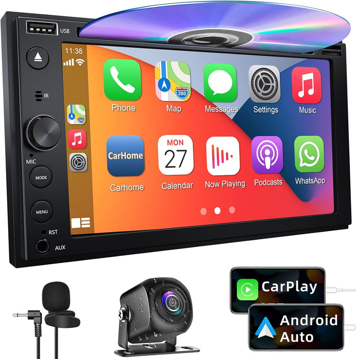 Double Din Car Stereo with CD/DVD Player Apple Carplay & Android Auto, 6.2Inch