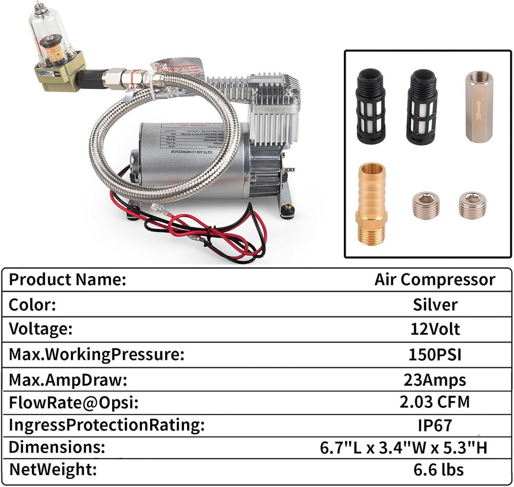 12V 150PSI Air Horn Suspension Compressor Kit 3/8 NPT Silver