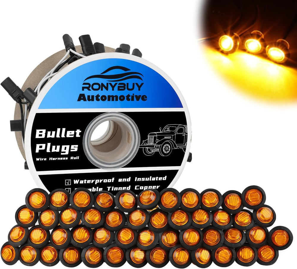50 Pcs 3/4" Amber LED Marker Lights w/Plug + Female 2-Prong Wire