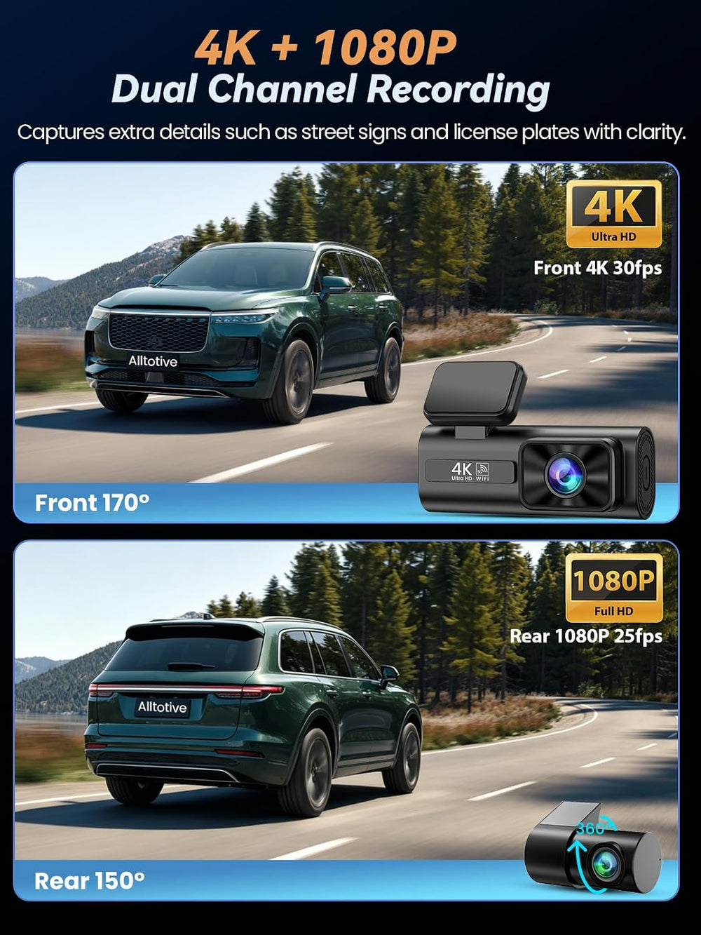 Dash Cam Front and Rear 4K+1080P, Dual Dashcam with 64GB Card