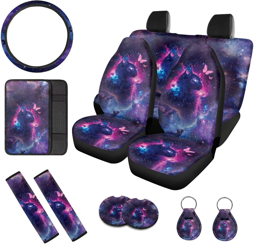 Cute Cat Print Seat Cover for Cars Full Set, Butterfly Galaxy Print Front and...