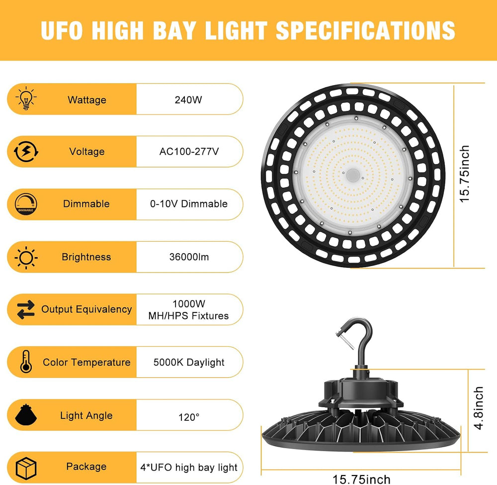 240W UFO LED High Bay Light 0-10V Dimmable 5000K LED High Bay Light