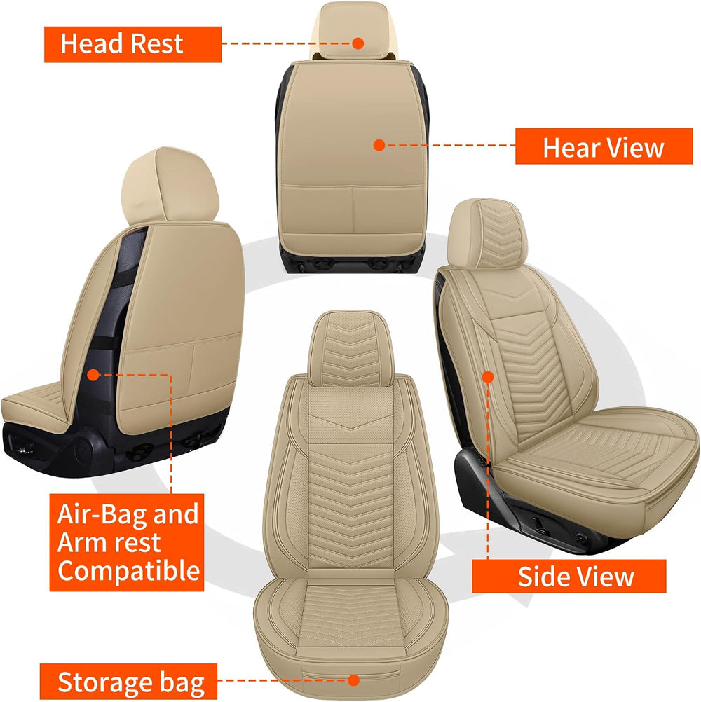 Nappa Leather Car Seat Covers Front Seats, Beige Car seat Protector, Waterpro...