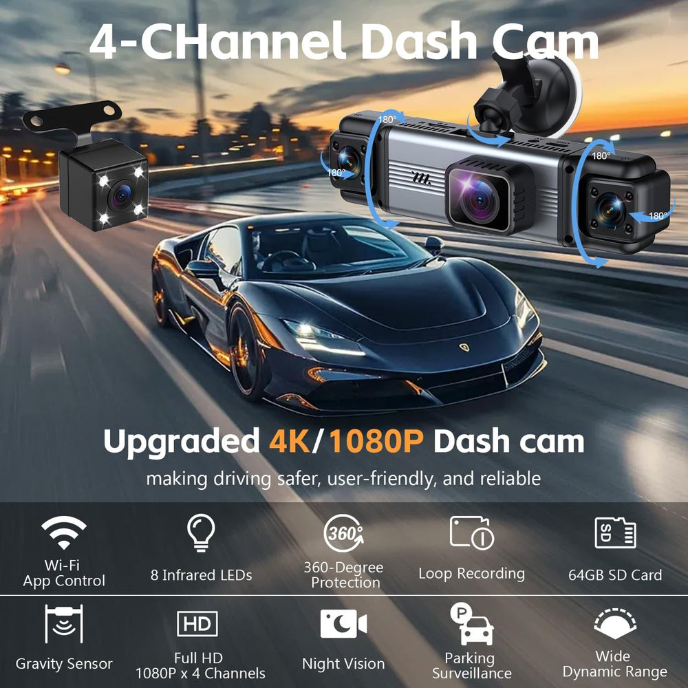 4 Channel 360° Dash Cam Front and Rear Inside, 64GB Card Included