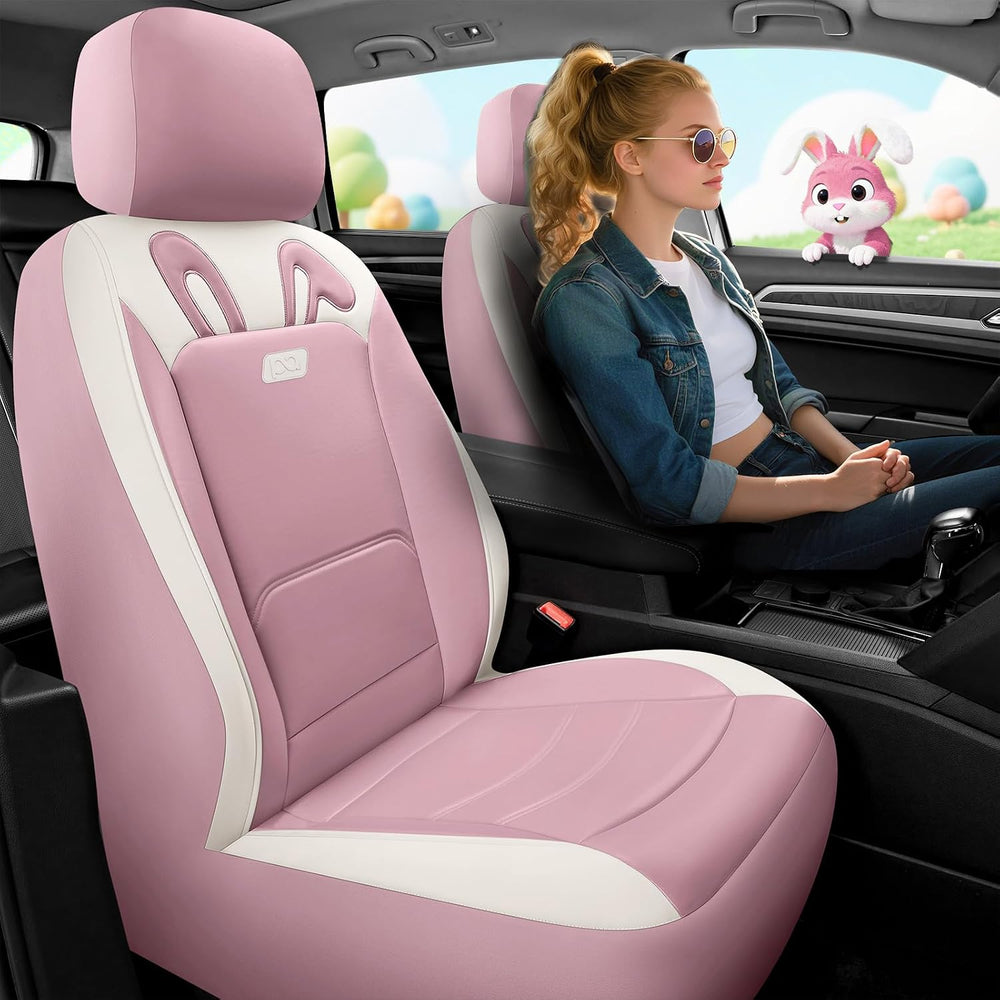 PIC AUTO Car Seat Covers, Cute Rabbit Premium Pink Leather Seat Covers, Unive...
