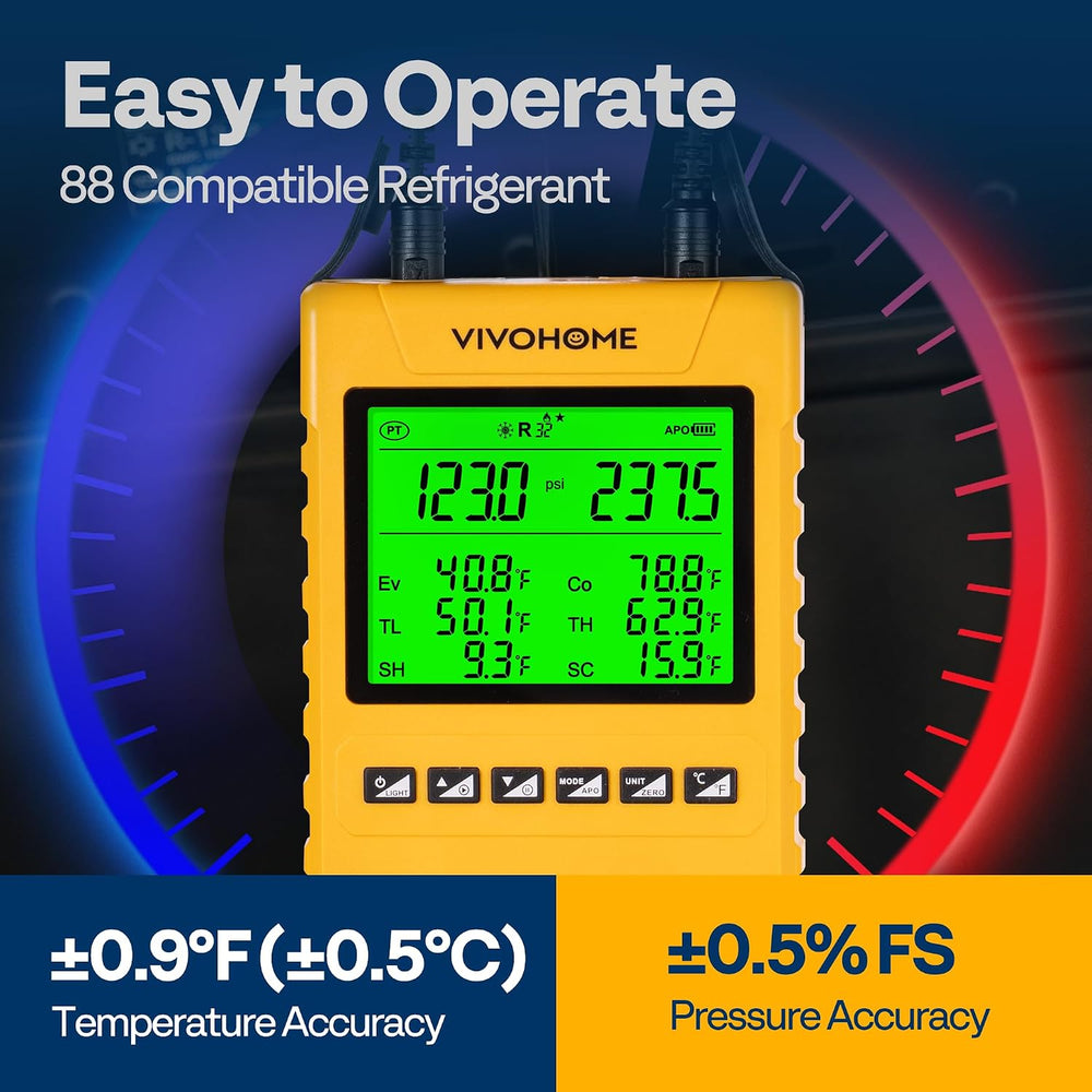 VIVOHOME Digital HVAC Manifold Gauges with 2 Wired Temperature Clamp Probes