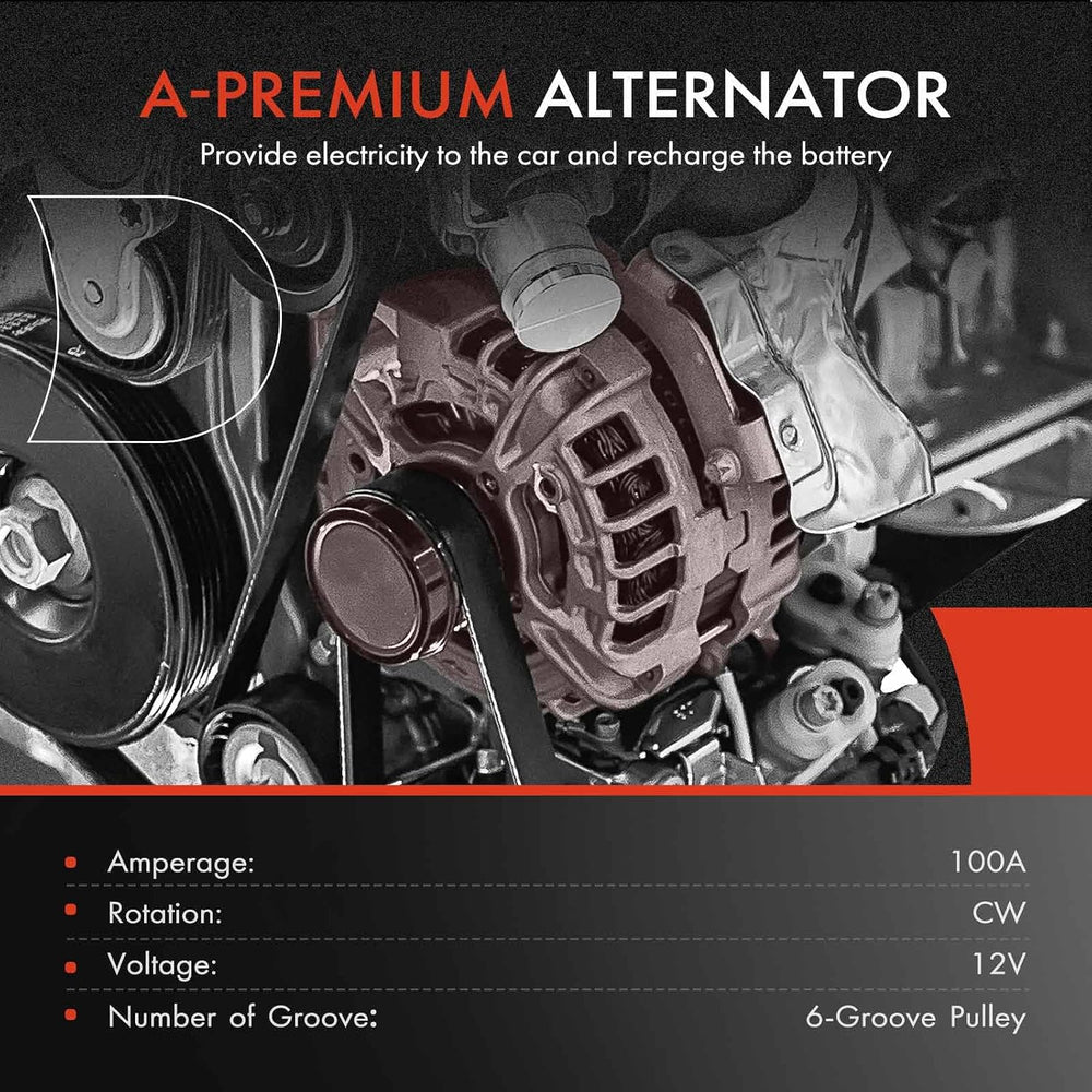 A-Premium Alternator, 12V 100A 6-Groove Pulley CW, Compatible with Ford