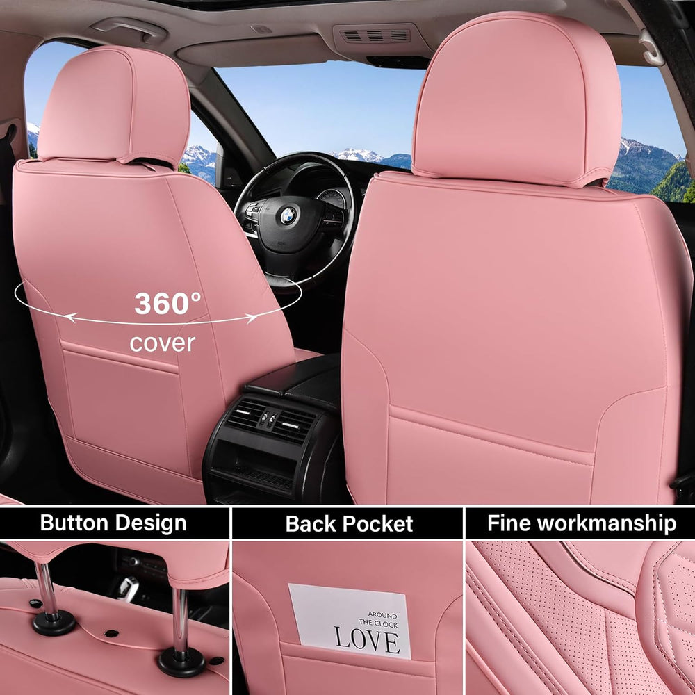 Coverado Car Seat Covers Full Set, Pink Leather Seat Covers for Cars, Univers...