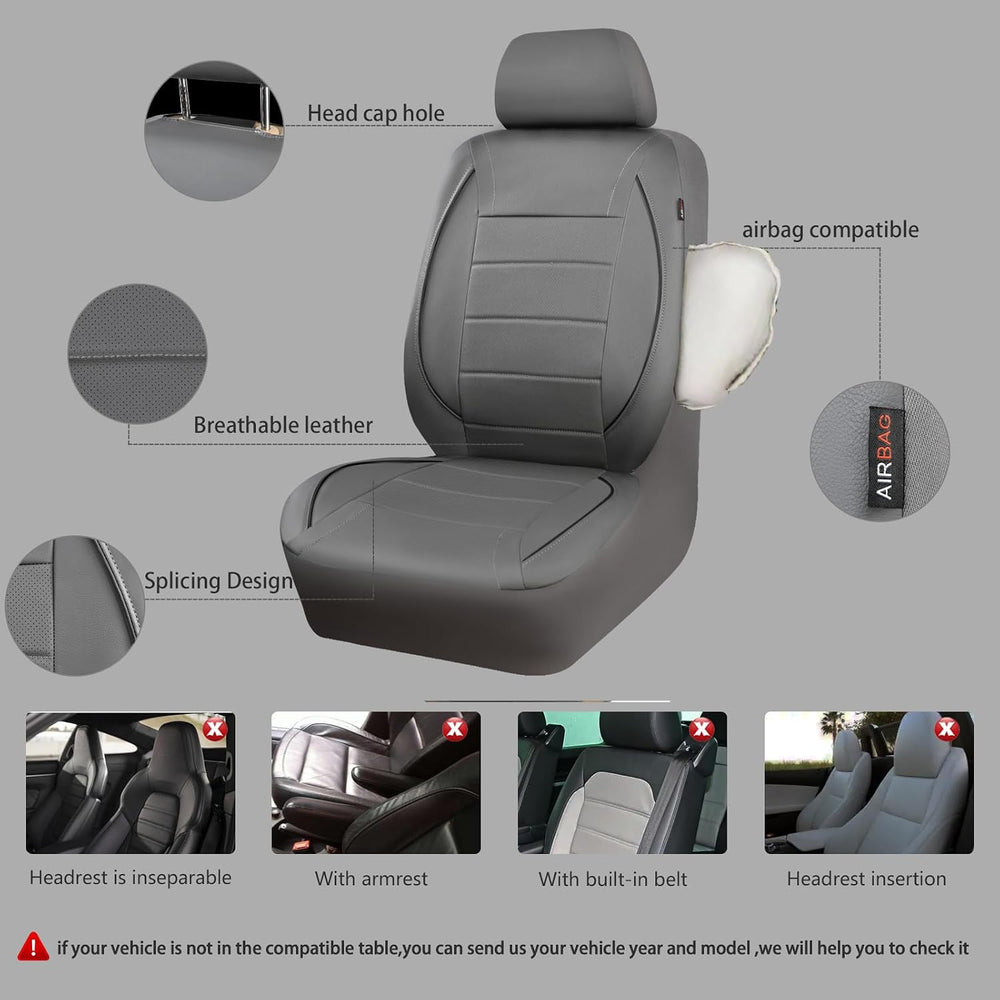 CAR PASS Piping Faux Leather Car Seat Cover Full Set,Grey Breathable Leather ...