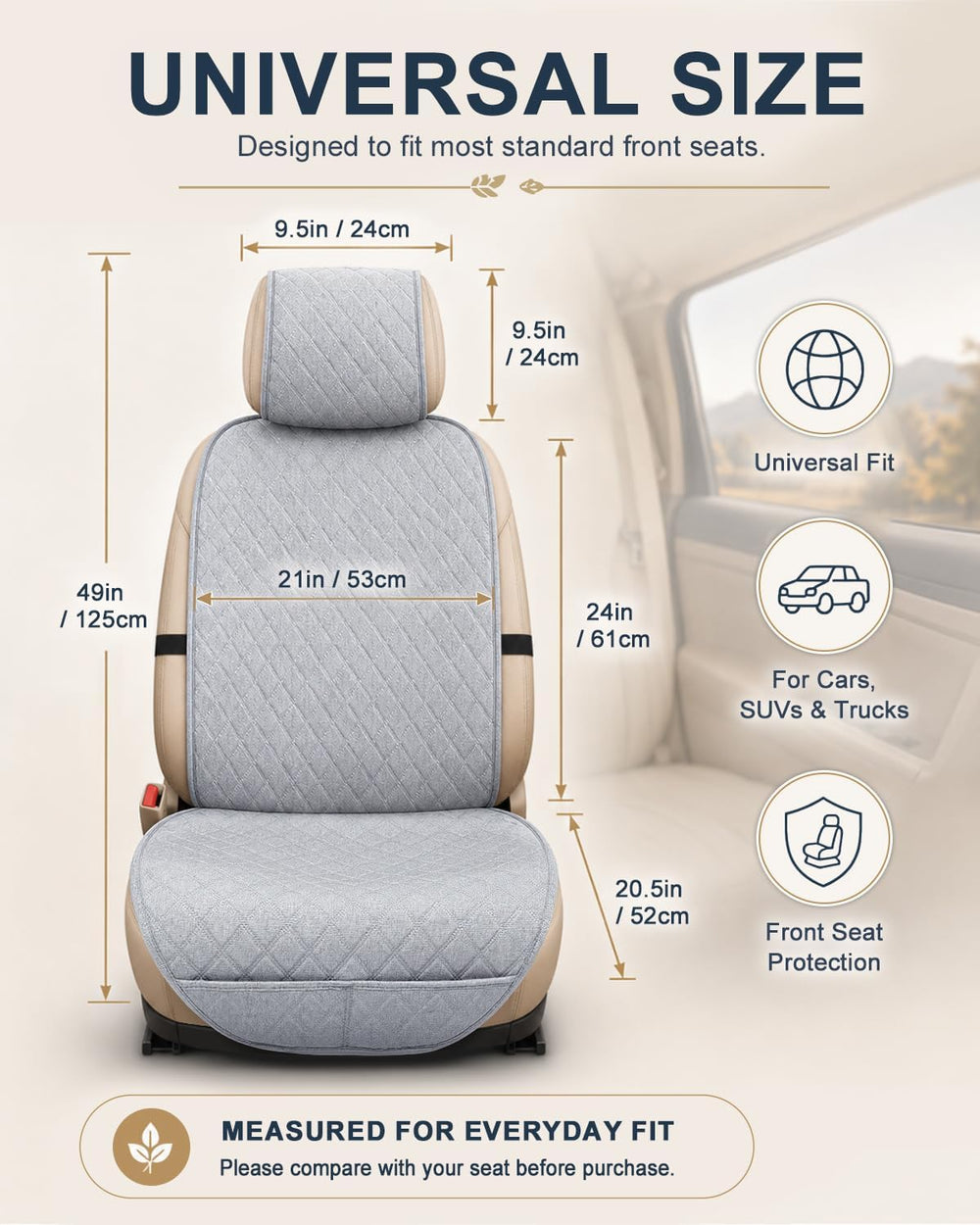 Linen Car Front Seat Covers, Breathable Linen Car Seat Protector