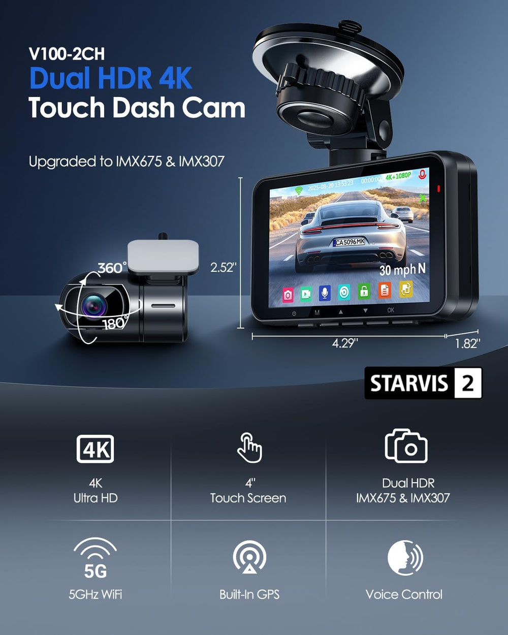 4K STARVIS 2 Dash Cam Front and Rear, Dual HDR WDH Camera for Cars