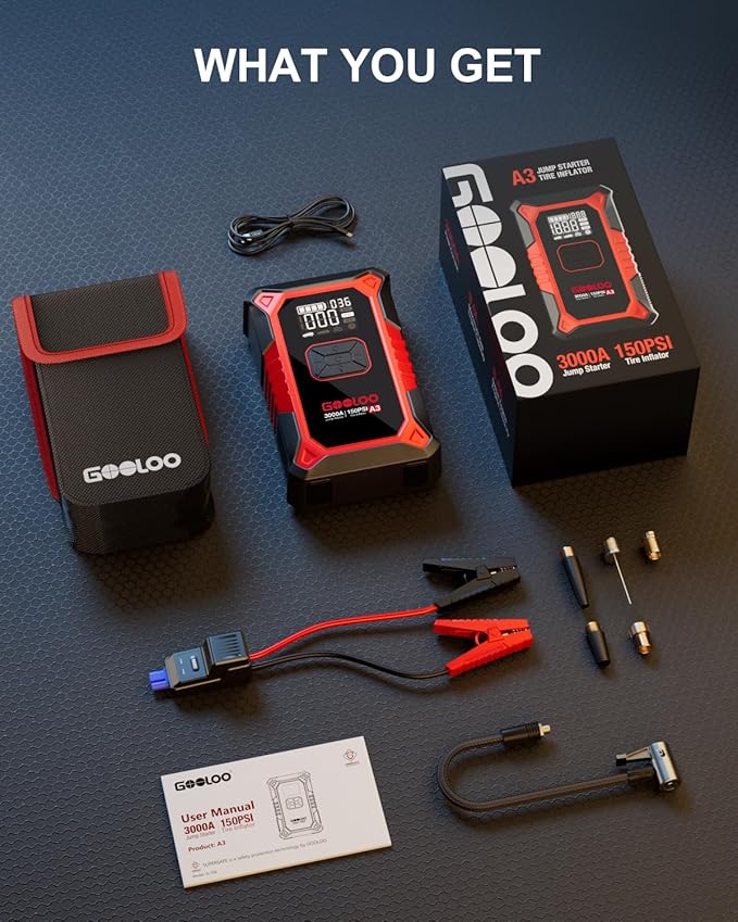 GOOLOO A3 Jump Starter with Air Compressor, 3000A Portable Car Battery Booster